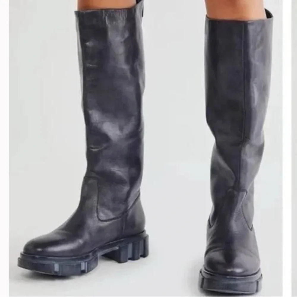 Free People Black Tall Leather Chunky Sole Boots